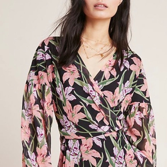 Anthropologie Aryessa Trellis Floral Wrap Dress Balloon Sleeve Small Black Pink - Picture 2 of 15